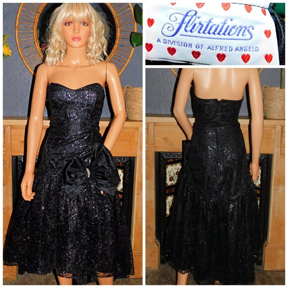 Vintage 80s Black Silver Glitter BOW Strapless Prom Party Dress 8 10 S 1980s Kit - Picture 5 of 5